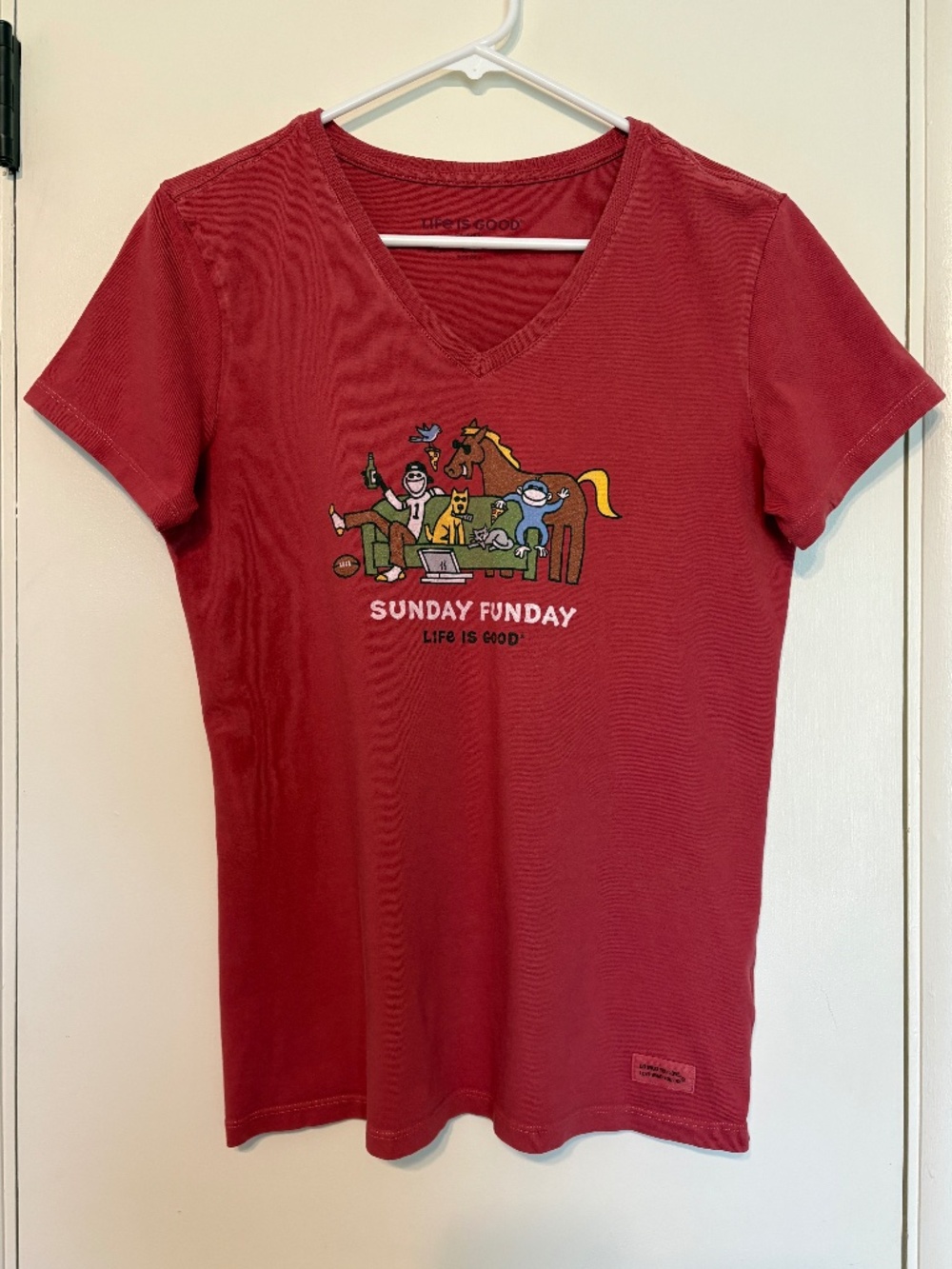 Life is Good Women's Red Sunday Funday Football V-Neck Crusher Tee Shirt Top M